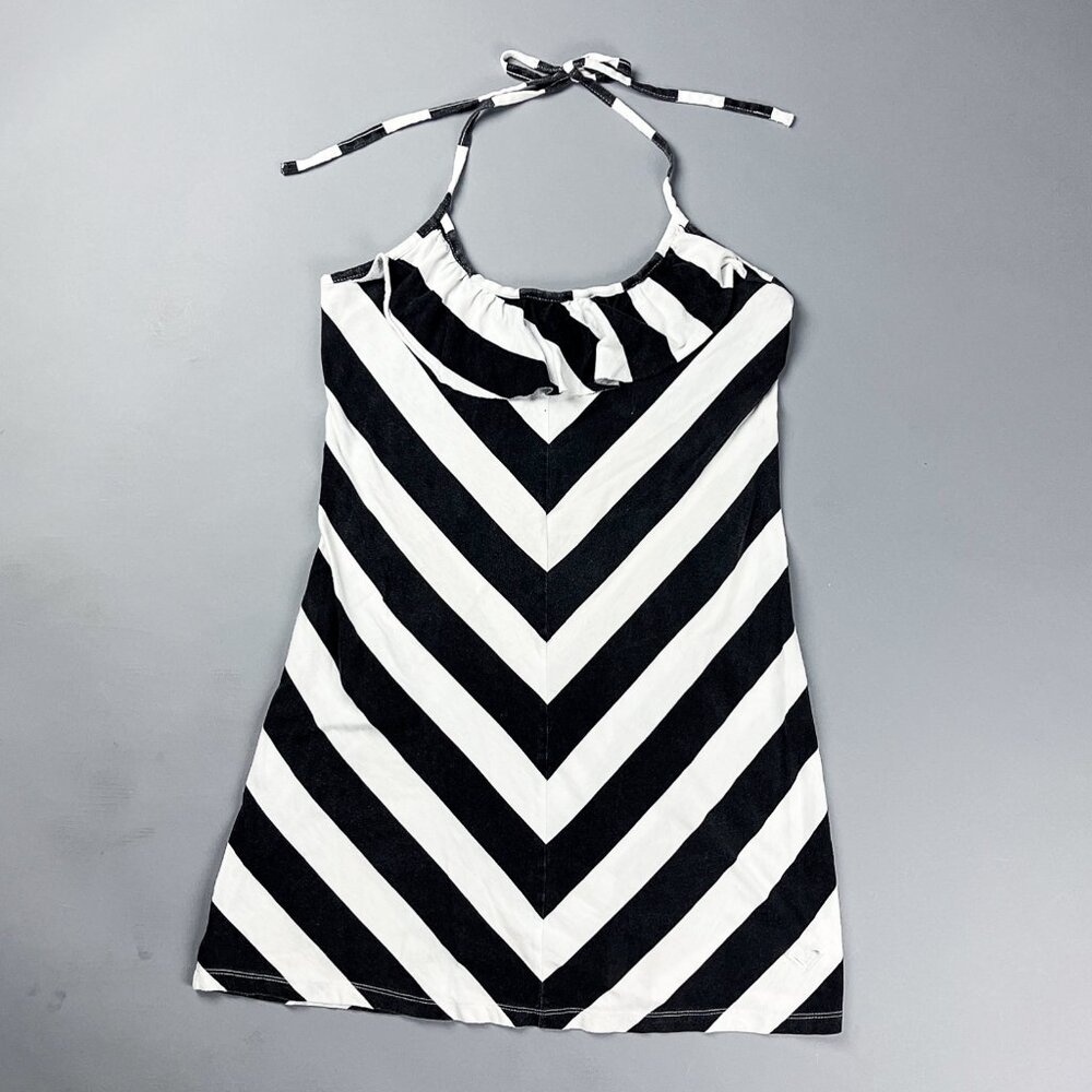 Y2K Mini Dress | Vintage Black & White Striped Chevrons Flowy Short Halter Dress